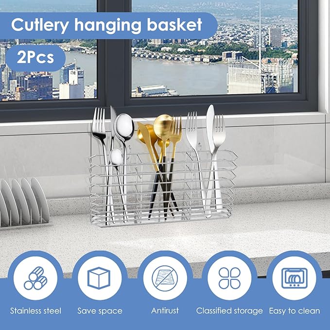 2Pcs Stainless Steel Cutlery Hanging Basket for Knife Fork Spoon,Quick Drying Compartmental Utensil Drainage Rack,Rustproof Hollow Out Utensil Drying Basket for Kitchen