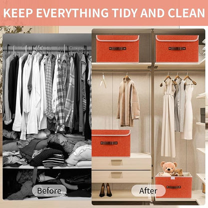 Large Storage Bin with Lid Storage Boxes,Collapsible Linen Storage Basket Container with Lid Storage Cube for Organizing Closets,3 Pack(Orange)