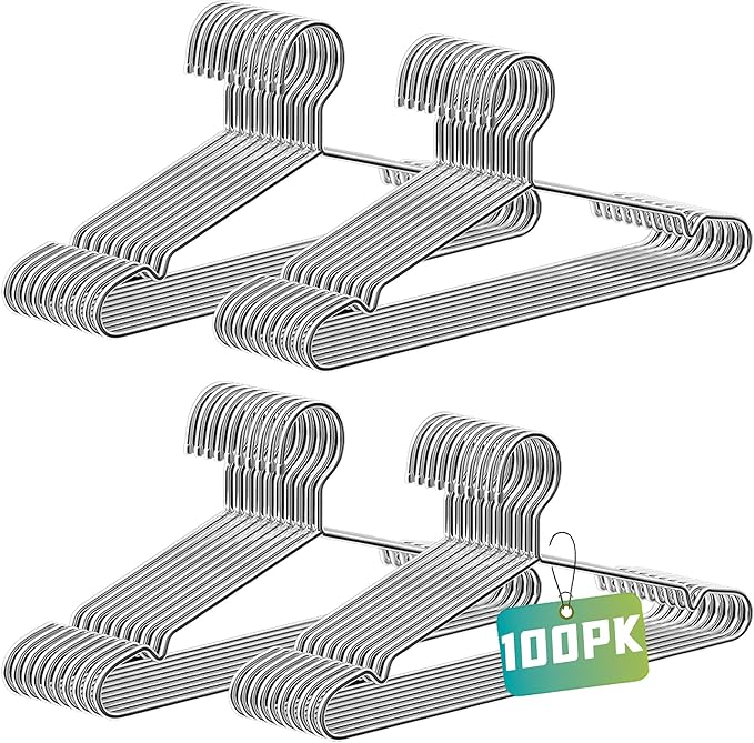 Wire Hangers 100 Pack, Heavy Duty, Space Saving, Stainless Steel, Silver, 16.5inches Closet Hangers for Hanging Coats, Suits, Jackets, Shirts,T-Shirt