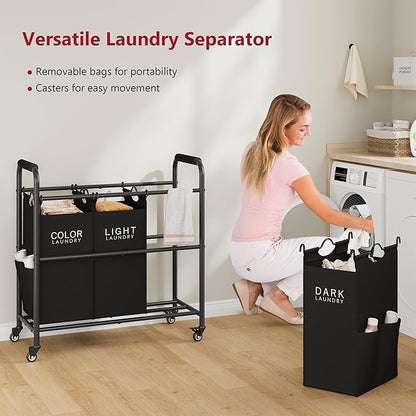 Tajsoon 3 Bag Laundry Sorter Cart, Laundry Hamper Sorter Basket with Heavy Duty Lockable Rolling Wheels for Clothes Storage, Black