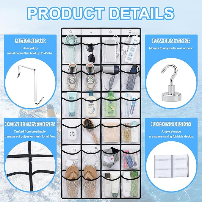 Magnetic Cruise Organizer, Over The Door Organizer for Cruise Ships with 24 Large Clear Pockets, Magnetic Shoe Rack for Door, Hanging Door Organizers for Cabin Cruise Essentials 2026（ 56.7" x 21.2"）