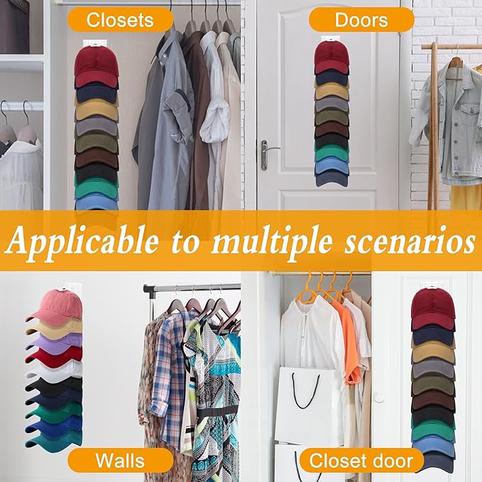 Hat Racks for Baseball Caps,Hats Rack Organizer Hold Up to 20 Hats,Hat Organizer for Baseball Caps Hat Holder Storage Display Adhesive/Wall Drilled for Wall,Door,Closet,Hat Racks for wall (1PK, Clear)