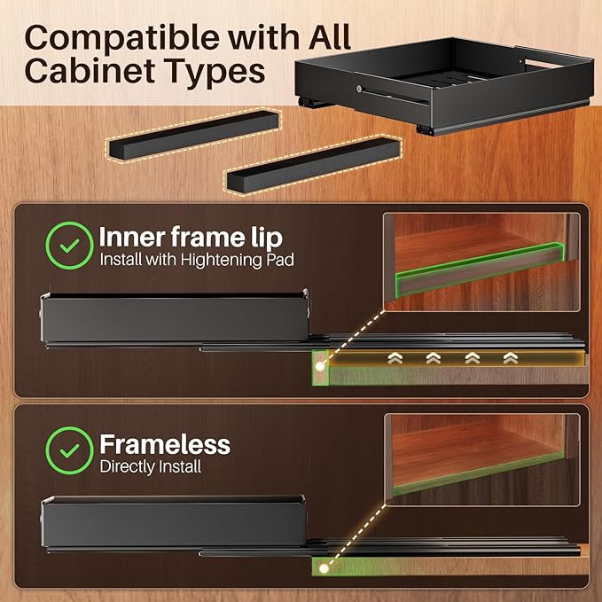 SNTD Pull Out Spice Rack for Upper Cabinet - Expandable Organizer with Smooth Ball Bearing Slides, No Drill Mounting Spice Storage for Kitchen (2 Pack, 4.1" to 7.2" W X 10" D X 2.2" H)
