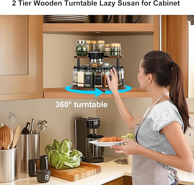 Turntable Lazy Susan Organizer Spice Rack, 2Tier Wooden Spinning Revolving Organizer Height Adjustable,12'' Seasoning Rotating Spice Rack for Cabinet,Kitchen Countertop,Dining Table,Vanity Storage