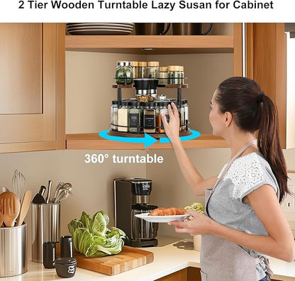 Turntable Lazy Susan Organizer Spice Rack, 2Tier Wooden Spinning Revolving Organizer Height Adjustable,12'' Seasoning Rotating Spice Rack for Cabinet,Kitchen Countertop,Dining Table,Vanity Storage