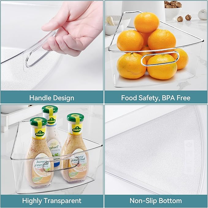 Oubonun Lazy Susan Organizers Set of 8, 12.8’’ x 11.7’’ x 4’’ Plastic Transparent Kitchen Cabinet Storage Bins with Handle, 4" Deep Container, 1/8 Wedge - Food Safe, without BPA