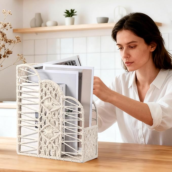 BROWNLILY Macrame Magazine Holder - Unique Handwoven Basket for Books & Home Decor, Exclusive Cotton Rope Weaving Art, Single Piece