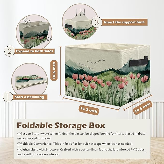 Inspirational Mountain Wildflower Storage Box Bins, Motivational Quote Floral Mountain Collapsible Storage Basket Organizer for Bedroom Laundry Room Home Clothes Books, Decor for Room