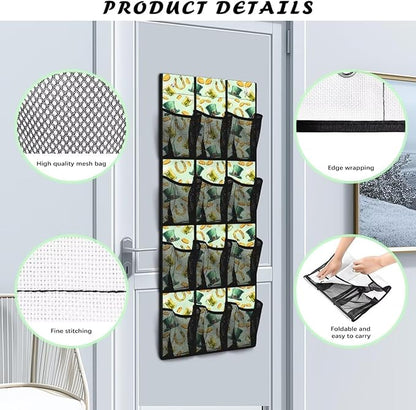 Multi-Purpose 12-Pocket Behind The Door Organizer, Oxford Cloth, Waterproof Large Capacity and Ideal for Bathroom Bedroom or Pantry Storage, Green Hat Gold Coins Horseshoe