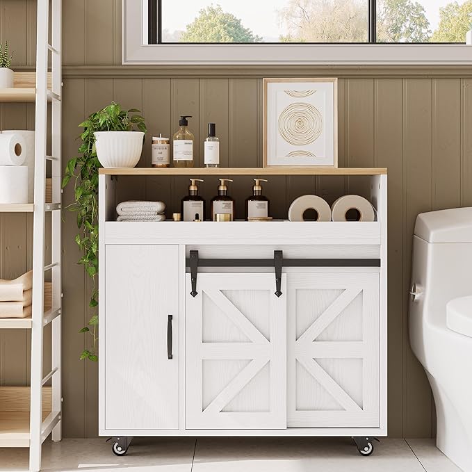 IRONCK Toilet Paper Cabinet, Slim Bathroom Cabinet with 4 Rolling Wheels, Farmhouse Slim Storage Cart with Paper Holes, Sliding Doors and Adjustable Shelf for Small Space, White/Natural