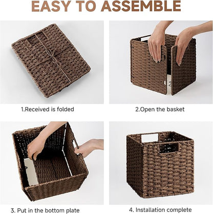 StorageWorks 9 inch Wicker Storage Cubes, Handwoven Wicker Baskets for Storage, Square Cube Organizer Bins, Foldable Paper Rope Basket for Organizing, Brown, 2 Pack