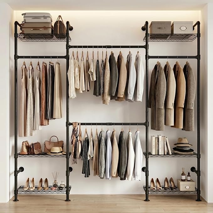 Wall Mounted Closet System – Adjustable Clothing Rack with 4 Expandable Rods & 6 Shelves, Heavy Duty Industrial Pipe Clothes Rack for Closet Organizer and Storage, Black
