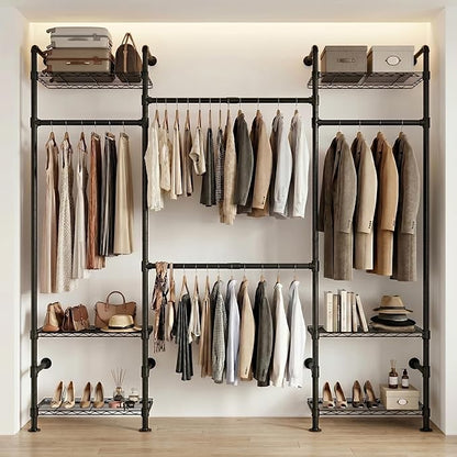 Wall Mounted Closet System – Adjustable Clothing Rack with 4 Expandable Rods & 6 Shelves, Heavy Duty Industrial Pipe Clothes Rack for Closet Organizer and Storage, Black