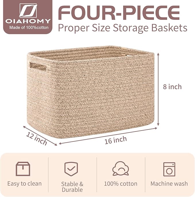 OIAHOMY 4 Pack Storage Baskets for Organizing, Cube Storage Bins for Shelves, Rectangle Storage Baskets With Handles, Woven Baskets for Storage, 16''Lx12''Wx8''H, Brown