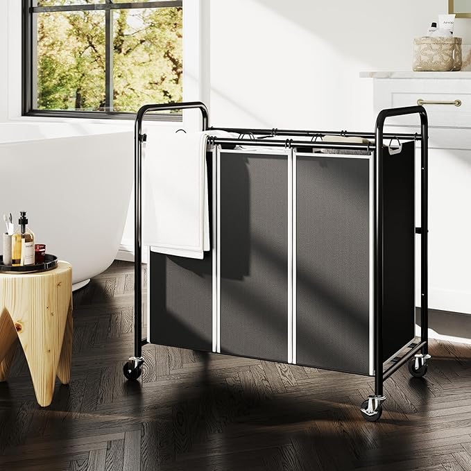 ROMOON Laundry Sorter Hamper 3 Section, Divided Laundry Basket Organizer with Heavy Duty Lockable Wheels and Removable Bags, Rolling Clothes Hamper for Apartment, Dorm & Family (135L Modern Black)