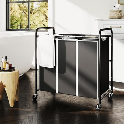 ROMOON Laundry Sorter Hamper 3 Section, Divided Laundry Basket Organizer with Heavy Duty Lockable Wheels and Removable Bags, Rolling Clothes Hamper for Apartment, Dorm & Family (135L Modern Black)