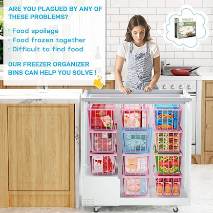 SUNALLY Freezer Organizer Bins, 4 Pack Stackable Chest Freezer Organizer for 5-7 Cu.FT Deep Freezer Sort Frozen Meats and Food, Freezer Storage Baskets with Handles Easy Reach from Bottom, Pink
