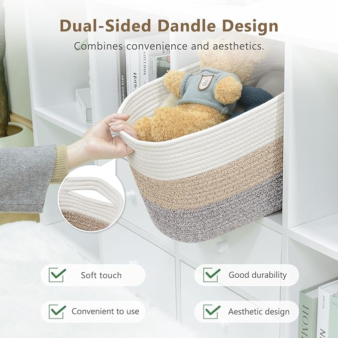 ECDYQXVU Cotton Rope Storage Basket, 15x10x9 Inches, Woven Basket for Shelves, Clothes, Towels, Books, and Laundry, White Brown (2 Pack)