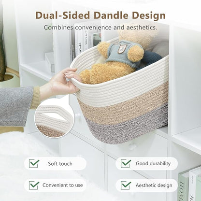 ECDYQXVU Cotton Rope Storage Basket, 15x10x9 Inches, Woven Basket for Shelves, Clothes, Towels, Books, and Laundry, White Brown (3 Pack)