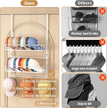 Over Door Hat Organizer 3 Tier Wall Mounted Hat Rack with 2 Adjustable Metal Basket and 3 Hooks Hat Organizer for Baseball caps Hat Hanger Holder Display for Door Closet, Cap Organizer Storage