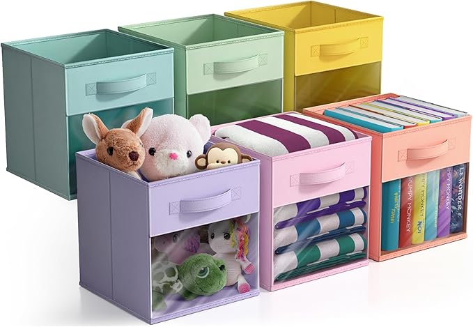 Sorbus 11 Inch Storage Bins with Clear Window - 6 Foldable Baskets for Organizing Clothes, Toys, Books - Sturdy Collapsible Fabric Storage Cubes with Handle - Storage Baskets for Shelves, Closets