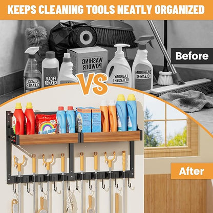 Broom and Mop Organizer Wall Hanging, Broom Holder Wall Mount with Cleaning Supplies Organizer, Broom Hanger Wall Mount with Storage Shelf and Hooks for Laundry Room Garage Kitchen