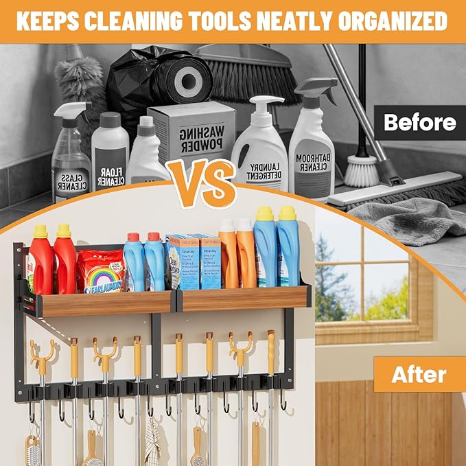 Broom and Mop Organizer Wall Hanging, Broom Holder Wall Mount with Cleaning Supplies Organizer, Broom Hanger Wall Mount with Storage Shelf and Hooks for Laundry Room Garage Kitchen (2 pcs)