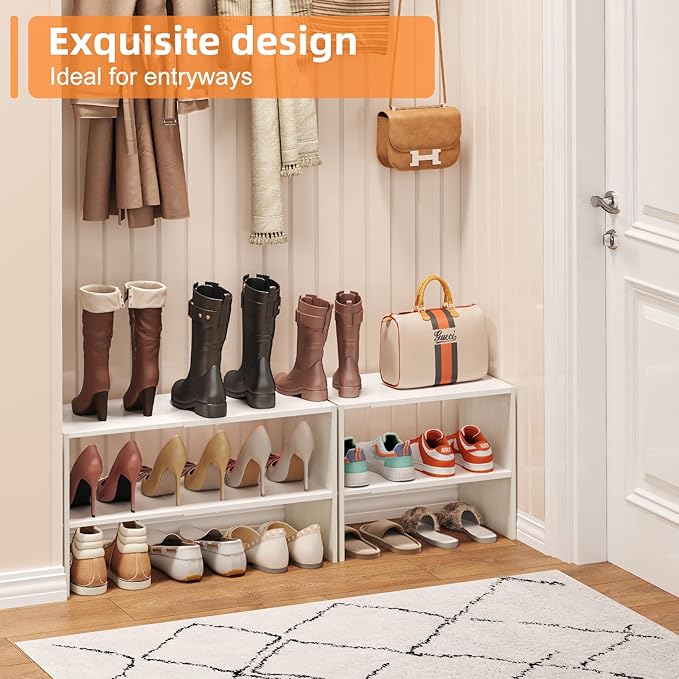 X-cosrack 2 Pack 2-Tier Shoe Rack Organizer for Closet, Expandable and Adjustable White Shoe Rack, Stackable Iron Wood Combination Shoe Storage Shelves for Closets, Entryway, Small Space, Garage