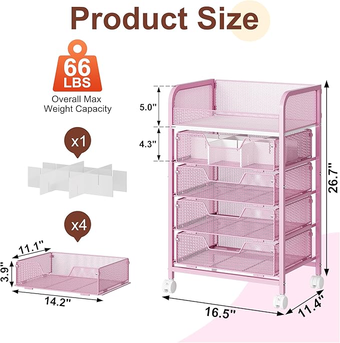 Hongtamoya Makeup Cart Organizer with 4 Drawers, Large Floor Skincare Organizers, Vanity Storage Organizer Cosmetics Display Cases for Skin Care Perfume Nail Polish, Pink