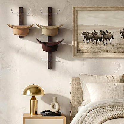 P-ALADIN Cowboy Hat Rack, Cowboy Hat Holder, 6-Piece Wall Rack with Natural Wood Backboard, Wide-Brim Hangers, Shape-Keeping Design, Rustic Decor (Modern)