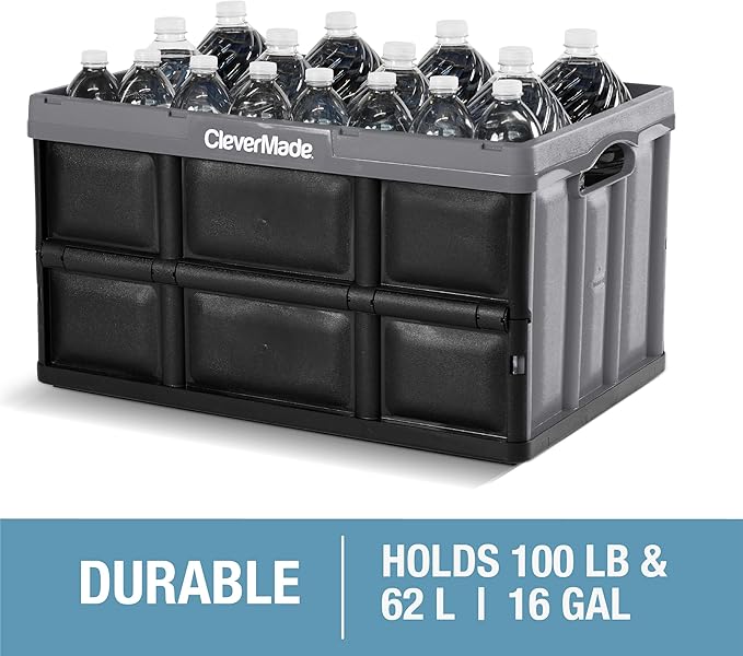 CleverMade Collapsible Storage Bins 62L (3-Pack) – Heavy Duty Collapsible Plastic Storage Bins, Large Stackable Folding Storage Bins for Garage, Car, Grocery & Home Organization - Stone