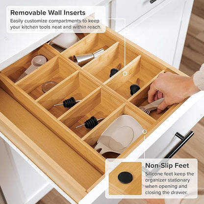 KitchenEdge Premium Kitchen Utensils and Junk Drawer Organizer – Small 5-Compartment Design with 4 Removable Dividers, Non-Slip Feet, 100% Sustainable Bamboo, 2 Pack