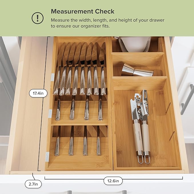 KitchenEdge Premium Silverware and Utensil Drawer Organizers – Slanted 3-Compartment and 5-Compartment Design, Labeled Slots, Non-Slip Feet, 100% Sustainable Bamboo, 2 Pack