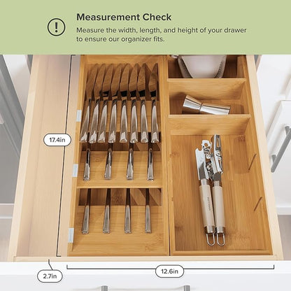 KitchenEdge Premium Silverware and Utensil Drawer Organizers – Slanted 3-Compartment and 5-Compartment Design, Labeled Slots, Non-Slip Feet, 100% Sustainable Bamboo, 2 Pack