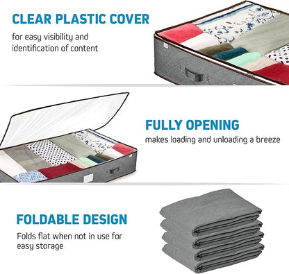 Under Bed Storage Bins - Pack Of 4 Under The Bed Storage Containers For Clothes, Blankets, Winter Clothing, & Shoes - Underbed Storage Containers With Handles, Dual Zippers, & Clear Top