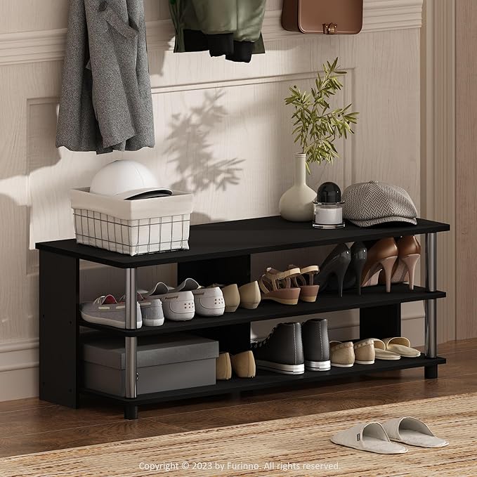 Furinno Turn-N-Tube Shoe Rack, 3-Tier Shoe Organizer, Compact Shoe Storage with Open Shelves and Stainless Steel Tubes, 15.5 x 41.1 x 15.8, for Closet Entryway, Office, Garage, Americano