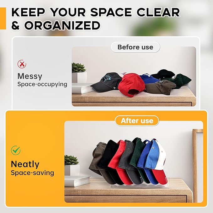 Hat Organizer for Baseball Caps 2PCS No Install Acrylic Hat Storage Organizer Stand for 14 Baseball Caps Hat Racks Holder Display with 12 Rubber Feet for Bedroom, Closet, Dresser,Entrance