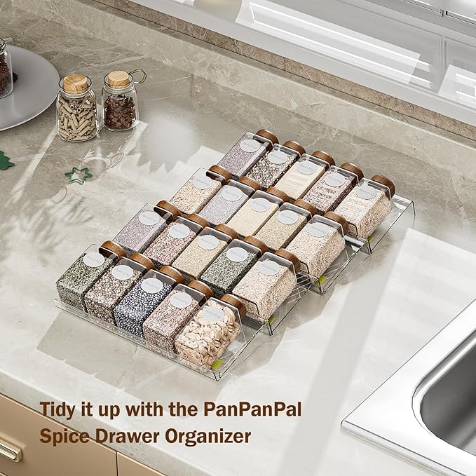 PanPanPal Spice Drawer Organizer, 4 Pack Clear Seasoning Organizer Rack, Expandable From 11" to 22" Wide Kitchen Spice Rack Organizers for Drawer, Countertop (Jars Not Included)