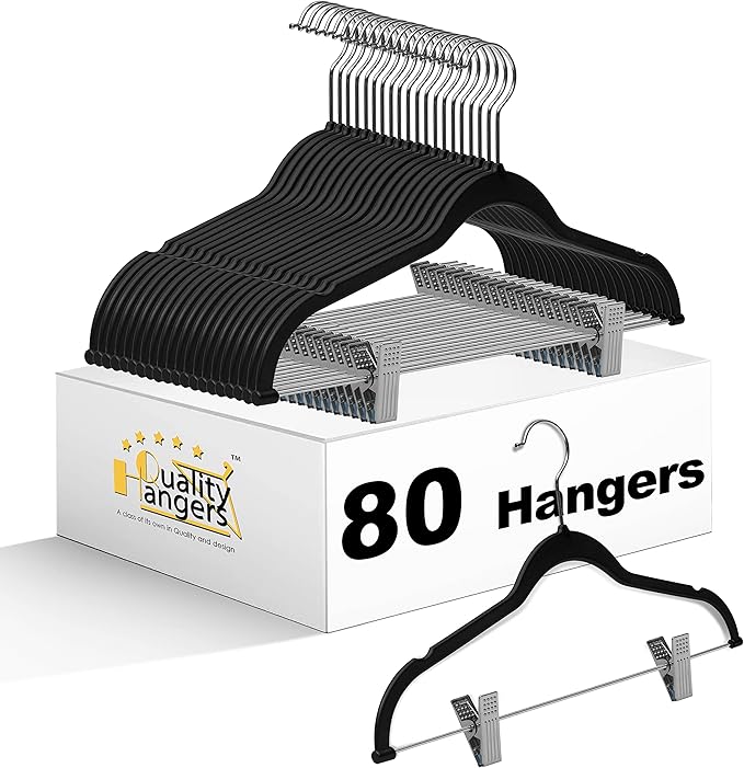 80 Pack Black Quality Plastic Non Velvet Non-Flocked Thin Compact Coat Hangers with Metal Clips for Skirts Pants Blouses 360° Swivel Hook