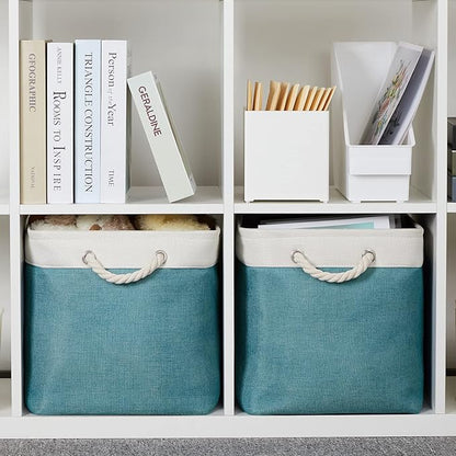Bidtakay Foldable Storage Bins Set of 2 Tall Cloth Baskets 16" X 11.8" X 11.8" Decorative Organizers for Linen Closet (White & Teal)