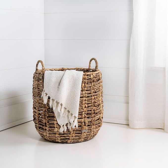 happimess BSK1003A Laurel Bohemian Hand-Woven Abaca Wicker Storage Basket with Handles, Seagrass Container for Decoration in Bedroom, Living Room, Laundry Room, Entryway, Natural