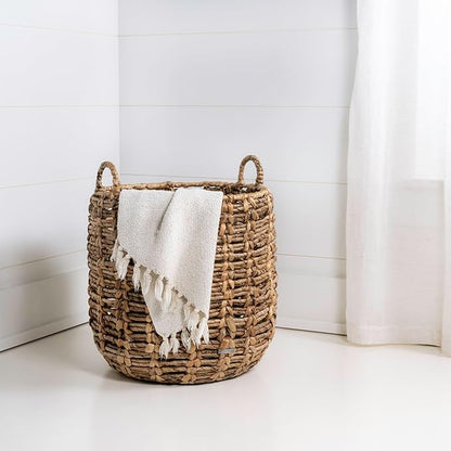 happimess BSK1003A Laurel Bohemian Hand-Woven Abaca Wicker Storage Basket with Handles, Seagrass Container for Decoration in Bedroom, Living Room, Laundry Room, Entryway, Natural