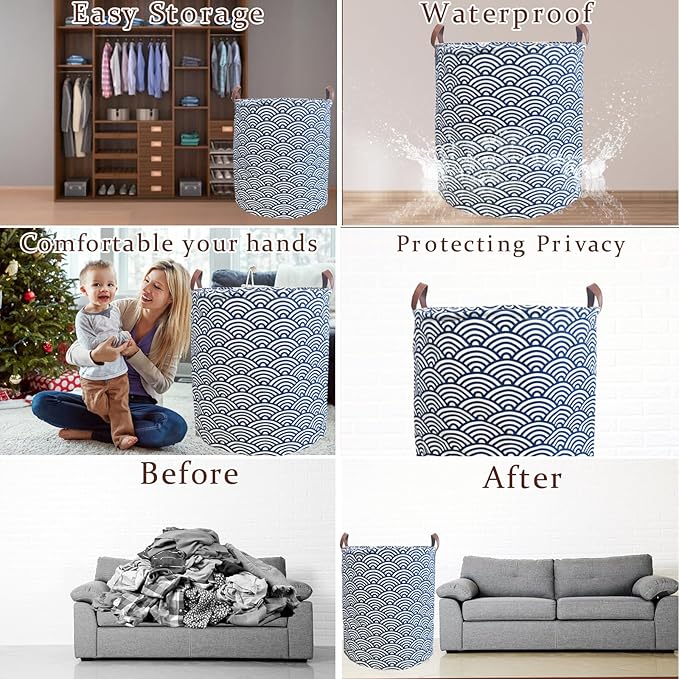Waterproof Laundry Hamper Collapsible Laundry Basket Leather Handle Laundry Bag Large Clothes Storage Toy Organization for Bathroom Bedroom Laundryroom College Dorms (951-Satisfied laundry hampers)