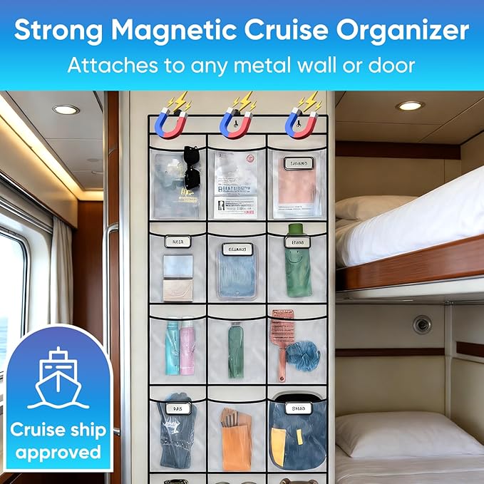 Magnetic Cruise Door Organizer,15 Large Durable Pockets，Upgrade Over The Door Organizer For Cruise Ships,Cruise Essentials 2026，Shoe Rack For Door,3 Strong Anti-Scratch Magnets, 9 Hooks