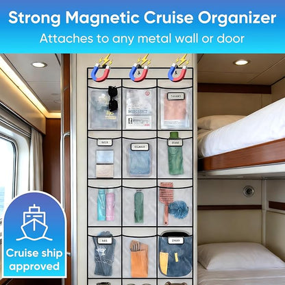 Magnetic Cruise Door Organizer,15 Large Durable Pockets，Upgrade Over The Door Organizer For Cruise Ships,Cruise Essentials 2026，Shoe Rack For Door,3 Strong Anti-Scratch Magnets, 9 Hooks
