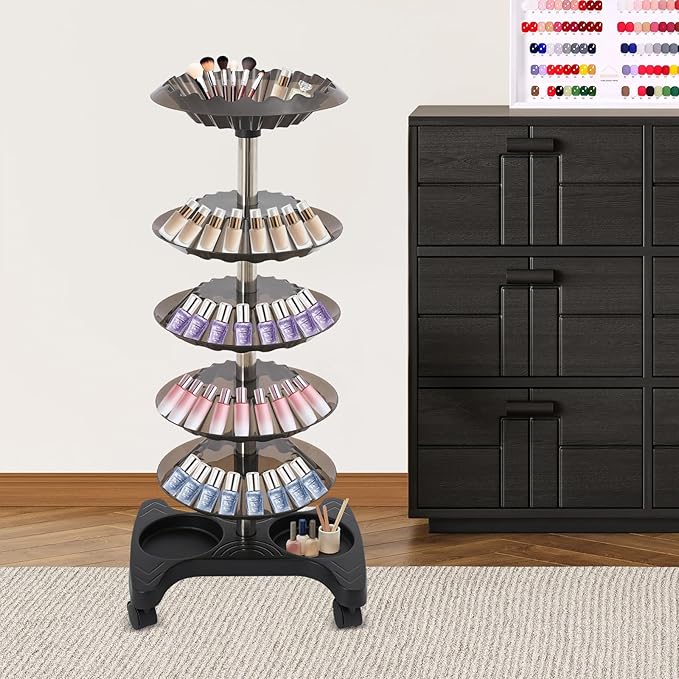Nail Polish Trolley Display Stand, 5 Tier Spinning Rack with Wheels, Holds 120 Bottles, Freestanding Nail Polish Storage Rack for Nail Salons, Home (Black)