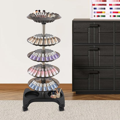 Nail Polish Trolley Display Stand, 5 Tier Spinning Rack with Wheels, Holds 120 Bottles, Freestanding Nail Polish Storage Rack for Nail Salons, Home (Black)
