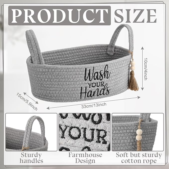 Wash Your Hands Bathroom Decoration Grey Cotton Rope Toilet Basket Toilet Paper Holder Basket Rustic Bathroom Organizer Farmhouse Home Decoration Organizing Small Baskets