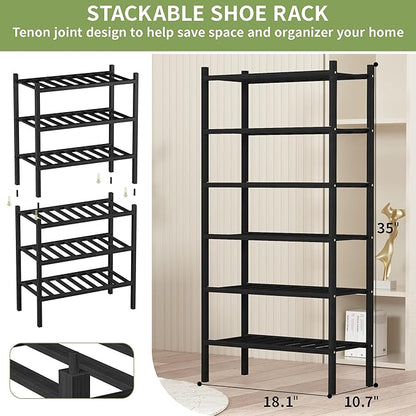 ROMGUAR CRAFT 6-Tier Bamboo Small Shoe Rack, Free Standing Wood Shoe Shelf Storage Organizer for Closet Entryway Stackable (Black)