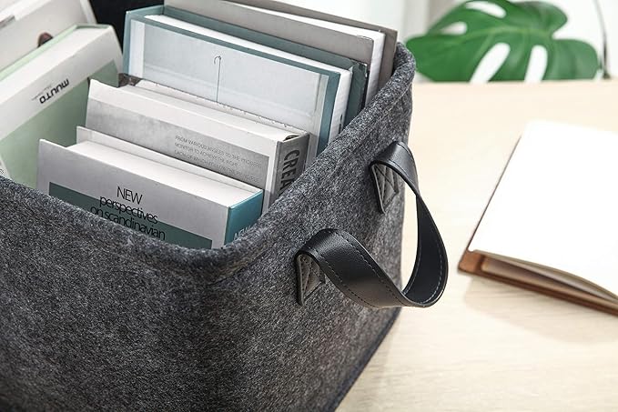 Collapsible Storage Bins Foldable Felt Fabric Storage Basket Organizer Boxes Containers with Handles PU Handles for Nursery Toys,Kids Room,Clothes,Towels,Magazine (PU-Dark grey, 15.9L×11W×9.8H)
